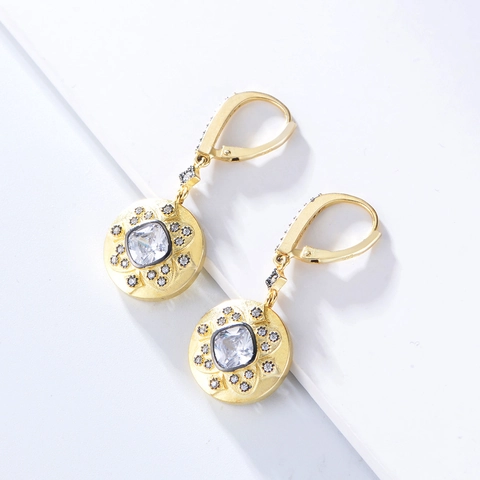 Vintage Court Style 925 Sterling Silver Round Drop Earrings Matte Gold Plated Square Rhinestone Inlaid For Women Jewelry