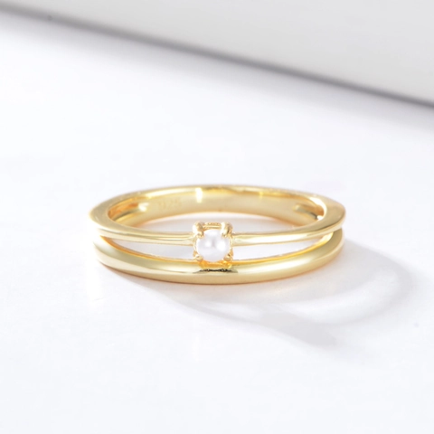 Anello a Doppio Strato in Argento Sterling 925 Con Perla per Donna Placcato Oro Geometrico Elegante Minimalista Gioielli Regalo