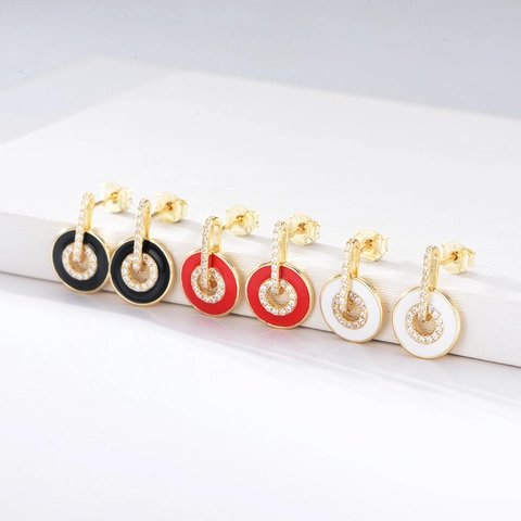 925 Sterling Silver Zirconia Enamel Stud Earrings Geometric Round Circle For Women Fashion Colorful Commute Jewelry