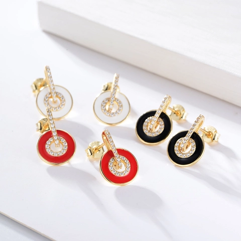 925 Sterling Silver Zirconia Enamel Stud Earrings Geometric Round Circle For Women Fashion Colorful Commute Jewelry