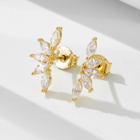 Pendientes de Botón de Plata de Ley 925 con Pétalos de Flores para Mujer Strass Marquise Incrustado Forma de Abanico Joyería