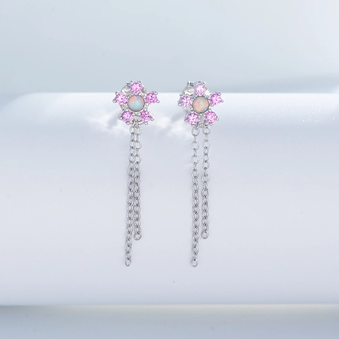 Elegant 925 Sterling Silver Flower Tassel Drop Earrings For Women Fashion Rhinestone Inlaid Chain Fringe Stud Earrings Jewelry