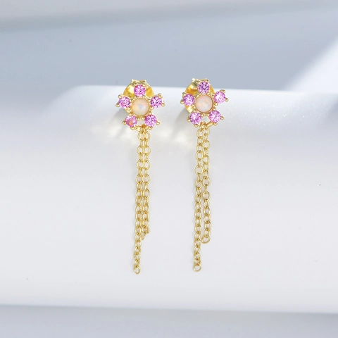 Elegant 925 Sterling Silver Flower Tassel Drop Earrings For Women Fashion Rhinestone Inlaid Chain Fringe Stud Earrings Jewelry