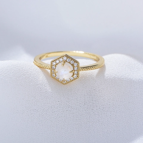 Anello Vintage in Argento Sterling 925 Placcato Oro Con Pietra Di Luna Per Donna Esagonale Strass Halo Milgrain Gioielli Moda