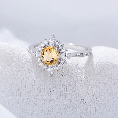S925 Sterling Silver Natural Yellow Citrine Ring Luxurious Inlaid Rhinestone Floral Band Ring For Women Fine Jewelry Gift