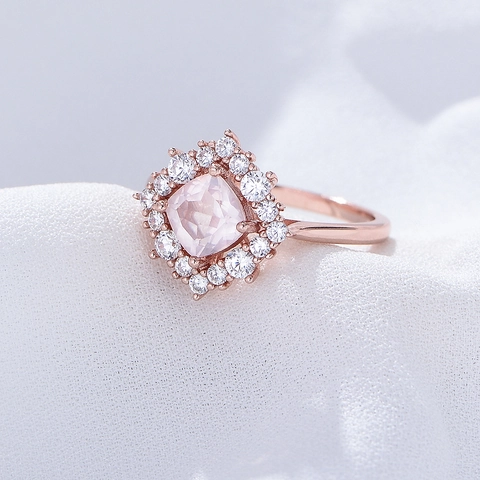 925 Sterling Silver Natural Pink Crystal Ring Rose Gold Plated Cushion Cut Rhinestone Halo Ring For Women Fashion Jewelry