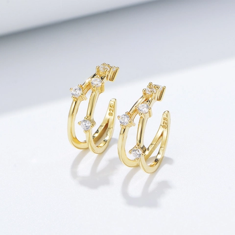 Pendientes de Cartílago de Plata de Ley 925 Geométricos de Doble Capa Sin Perforación para Mujer Joyería Minimalista con Strass