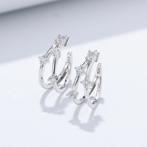 Pendientes de Cartílago de Plata de Ley 925 Geométricos de Doble Capa Sin Perforación para Mujer Joyería Minimalista con Strass