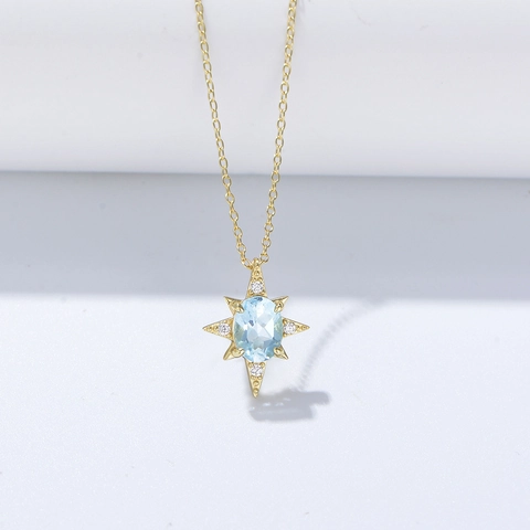 Collar con Colgante de Estrella de Ocho Puntas de Plata de Ley 925 Cadena de Clavícula Minimalista con Topacio Azul y Strass Mujer