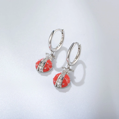 S925 Sterlingsilber Süße Rote Emaille Marienkäfer Hoop Ohrringe Für Damen Strass Tier Insekt Hänger Schmuck Zubehör