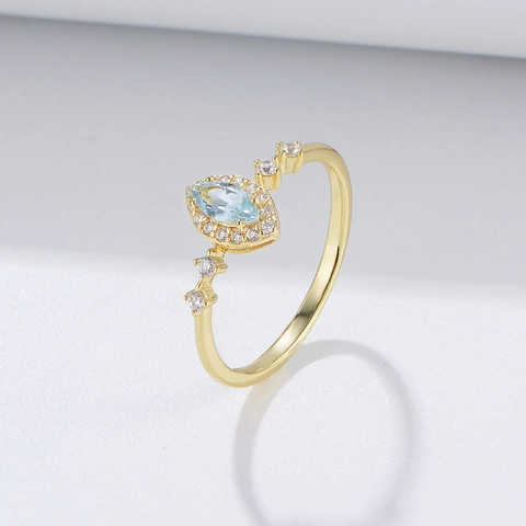 Anello in Argento Sterling 925 con Topazio Celeste Marquise per Donna Placcato in Oro Zirconia Halo Geometrico Lusso Gioielli