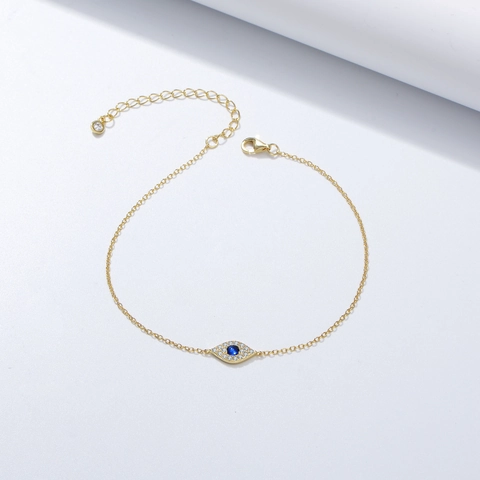 Bracciale in Argento Sterling 925 Malocchio Con Micro Zirconia Intarsiata Elegante Catena Geometrica Placcata Oro per Donna