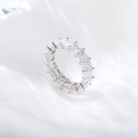 S925 Sterling Silver Square Zirconia Eternity Ring For Women Hip Hop Single Row Princess Cut Full Diamond Band Jewelry