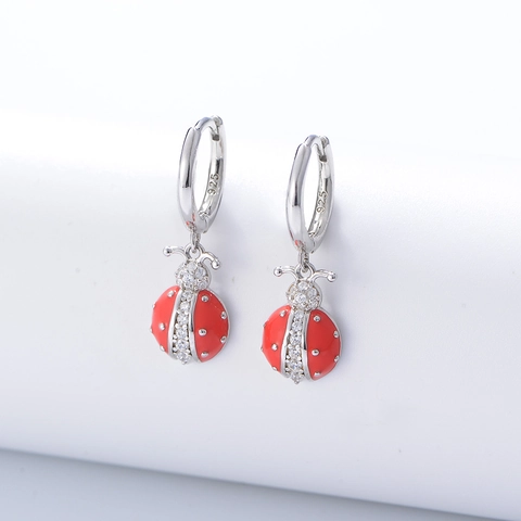 S925 Sterlingsilber Süße Rote Emaille Marienkäfer Hoop Ohrringe Für Damen Strass Tier Insekt Hänger Schmuck Zubehör