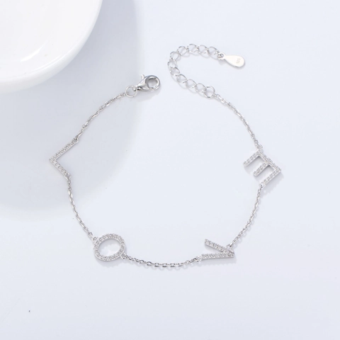 S925 Sterling Silver LOVE Letter Bracelet For Women Inlaid Rhinestone Adjustable Chain Minimalist Jewelry Accessory Gift