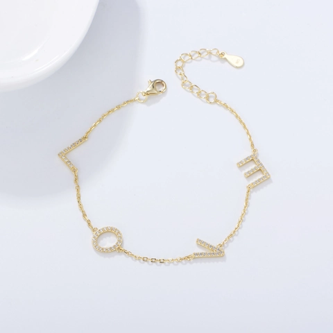 S925 Sterling Silver LOVE Letter Bracelet For Women Inlaid Rhinestone Adjustable Chain Minimalist Jewelry Accessory Gift