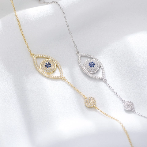Pulsera de Ojo Turco de Plata de Ley 925 para Mujer Bañado en Oro Plata Incrustado de Diamantes de Imitación Cadena Ajustable Joyería