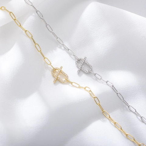 925 Sterling Silver Geometric Circle Chain Bracelet For Women Western Fashion Rhinestone Inlaid Minimalist Silver Chain Jewelry Gift