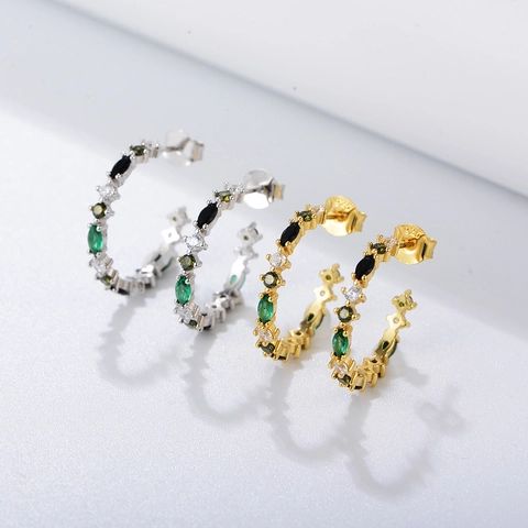 Vintage 925 Sterling Silver Colorful Zirconia C Shaped Stud Earrings For Women Luxurious Gold Silver Geometric Jewelry
