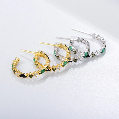 Vintage 925 Sterling Silver Colorful Zirconia C Shaped Stud Earrings For Women Luxurious Gold Silver Geometric Jewelry