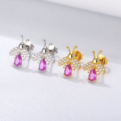 925 Sterling Silver Bee Stud Earrings For Women Rhinestone Inlaid Pink Heart Stone Animal Insect Fashion Jewelry Gift