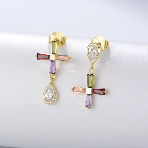 Orecchini Pendenti a Croce con Strass Colorati Asimmetrici Perno in Argento Sterling 925 Gioielli Donna Geometrici Multicolore