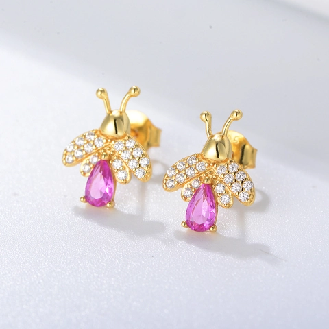925 Sterling Silver Bee Stud Earrings For Women Rhinestone Inlaid Pink Heart Stone Animal Insect Fashion Jewelry Gift