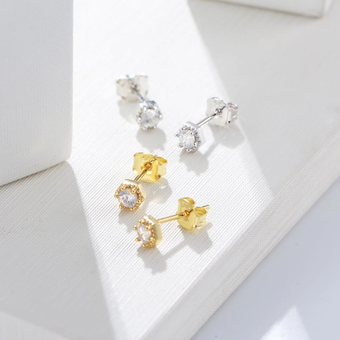 Orecchini a Bottone in Argento Sterling 925 Esagonali Geometrici Minimalisti Per Donna Gioielli Placcati Oro Argento Strass