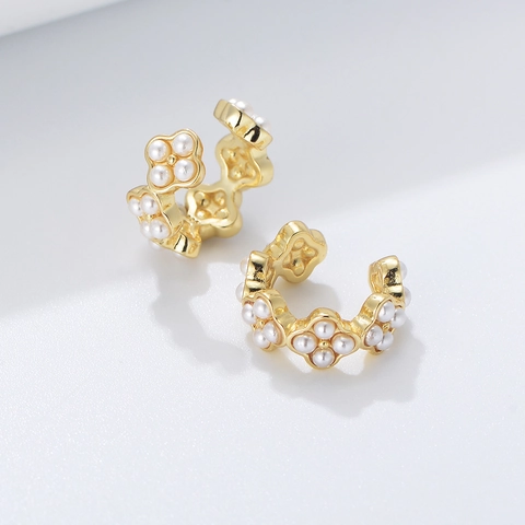 Orecchini a Cerchio in Argento Sterling S925 Con Perle Artificiali Trifoglio Geometrico Senza Buco Gioielli Minimalisti Donna