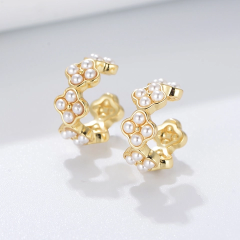 Orecchini a Cerchio in Argento Sterling S925 Con Perle Artificiali Trifoglio Geometrico Senza Buco Gioielli Minimalisti Donna