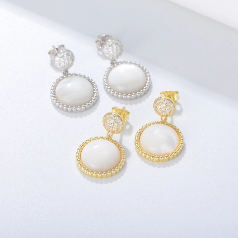 Retro S925 Sterling Silver Drop Earrings For Women Geometric Round White Artificial Pearl Rhinestone Inlaid Dangle Earrings