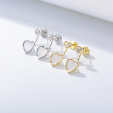 Orecchini a Bottone a Cuore in Argento Sterling S925 Con Madreperla Artificiale Bianca Strass Gioielli Eleganti per Donna
