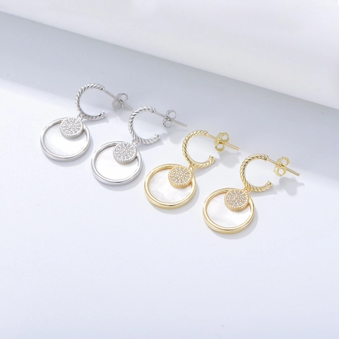 S925 Sterlingsilber Perlmutt Geometrische Runde Hängeohrringe Für Damen Mit Strass Eingelegt Gold Silber Plattiert Schmuck