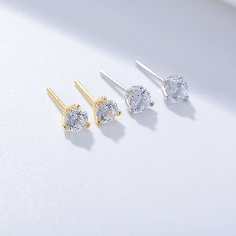 Pendientes de Botón de Plata de Ley S925 con Circonia Redonda para Mujer Engaste de 3 Garras Minimalista Geométrico Joyería
