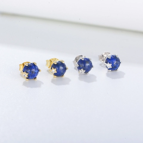 S925 Sterlingsilber Natürliche Lapislazuli Rundperlen Ohrstecker Gold Silber Plattiert Strass Stern Schmuck Für Damen