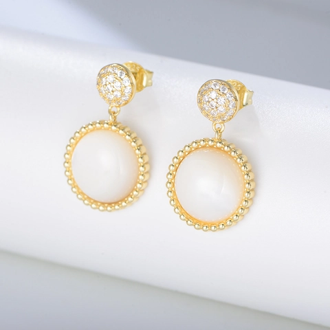 Retro S925 Sterling Silver Drop Earrings For Women Geometric Round White Artificial Pearl Rhinestone Inlaid Dangle Earrings
