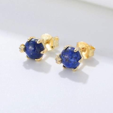 S925 Sterlingsilber Natürliche Lapislazuli Rundperlen Ohrstecker Gold Silber Plattiert Strass Stern Schmuck Für Damen