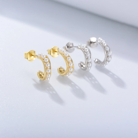 Orecchini a Cerchio C in Argento Sterling 925 con Perle Aperte per Donna Orecchini a Bottone con Perle Artificiali Placcati Oro e Argento Gioielli