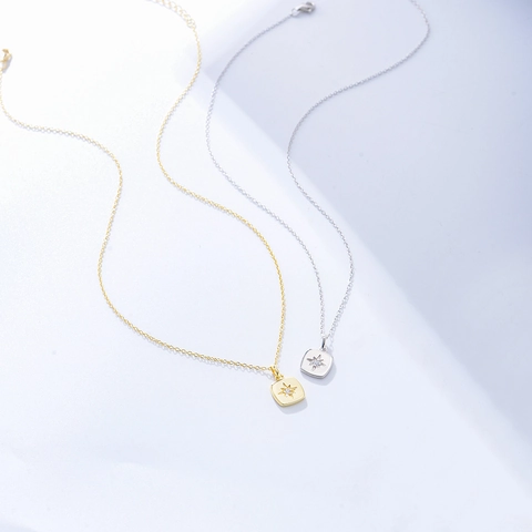 Collar Minimalista de Plata de Ley 925 con Colgante Cuadrado y Estrella de Ocho Puntas Oro Plata Diamantes de Imitación Cadena Geométrica Joyería Mujer