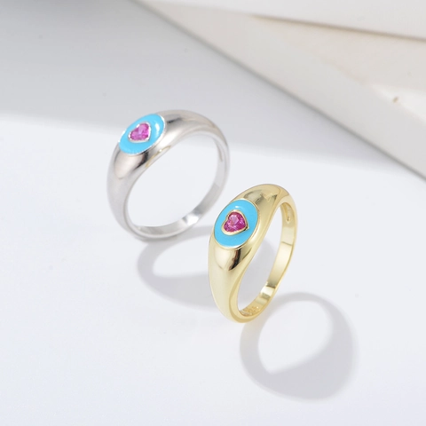 S925 Sterling Silver Pink Heart Rhinestone Enamel Ring For Women Vintage Aesthetic Jewelry Blue Enamel Sweet Finger Ring Gift