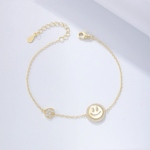 Pulsera de Plata de Ley 925 con Colgante de Corazón y Cara Sonriente Estrás Incrustado Joyería de Cadena Ajustable para Mujer Regalo