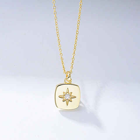 Collar Minimalista de Plata de Ley 925 con Colgante Cuadrado y Estrella de Ocho Puntas Oro Plata Diamantes de Imitación Cadena Geométrica Joyería Mujer