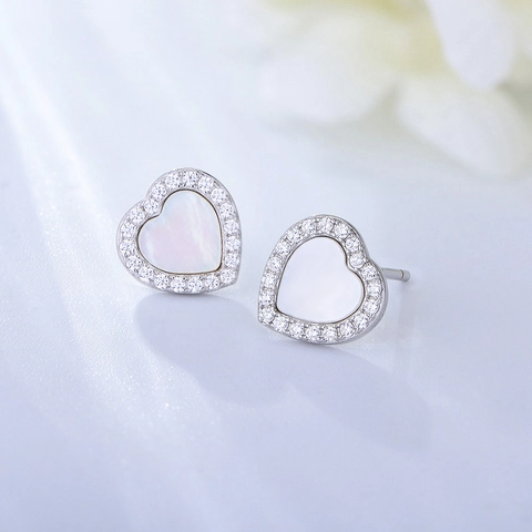 Orecchini a Bottone a Cuore in Argento Sterling S925 per Donna Minimalisti Coreani con Madreperla Intarsiata e Strass