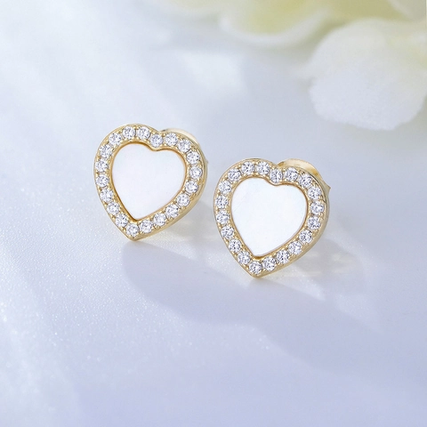 Orecchini a Bottone a Cuore in Argento Sterling S925 per Donna Minimalisti Coreani con Madreperla Intarsiata e Strass
