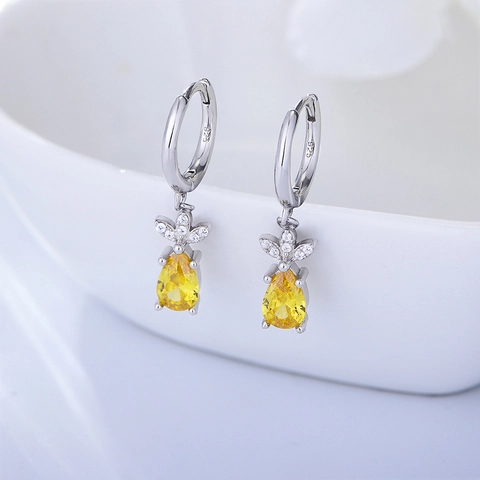 Pendientes de Aro Huggie de Piña de Plata de Ley S925 con Diamantes de Imitación de Gota de Agua Amarilla Joyería para Mujer
