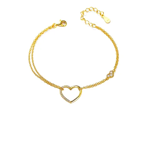 925 Sterling Silver Heart Double Layered Chain Bracelet For Women Dainty Rhinestone Inlaid Adjustable Fashion Jewelry Gift