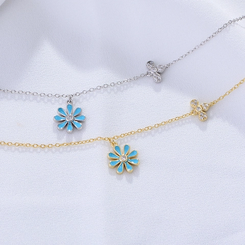 Tobillera de Plata de Ley 925 con Margarita para Mujer Oro Plata Azul Esmalte Flor Diamantes Imitación Mariposa Joyería de Pie
