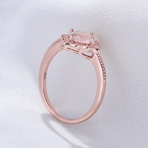 Bague en Argent Sterling 925 Plqué Or Rose Carré Quartz Rose Artificiel pour Femme Strass Halo Bijoux Géométriques