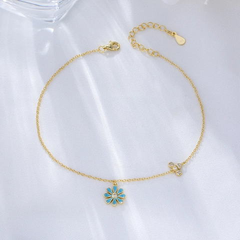 Tobillera de Plata de Ley 925 con Margarita para Mujer Oro Plata Azul Esmalte Flor Diamantes Imitación Mariposa Joyería de Pie
