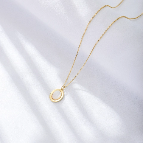 925 Sterlingsilber Halskette Für Damen Oval Natürliche Perlmutt Anhänger Retro Vergoldet Geometrische Mode Schmuck Halskette